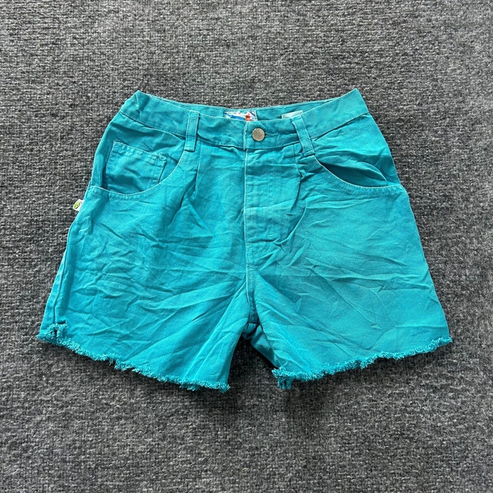 Bongo Shorts Womens Size 12 Teal Blue Denim High Waisted Raw Hem Vintage Cotton